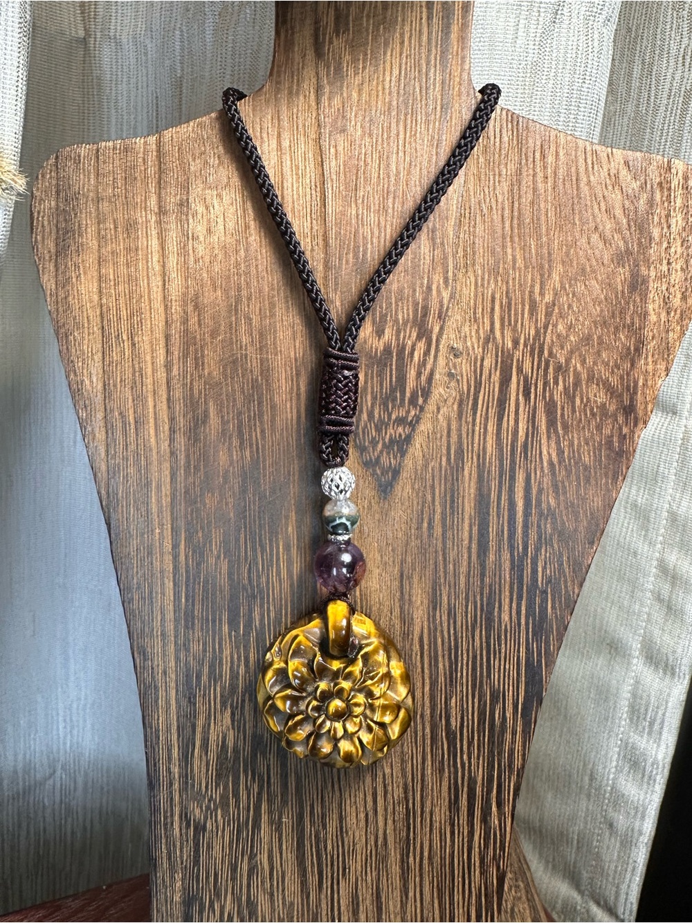 Tiger’s Eye Flower Pendant Necklace with Amethyst and Agate on Brown Rope - Picture 7 of 14